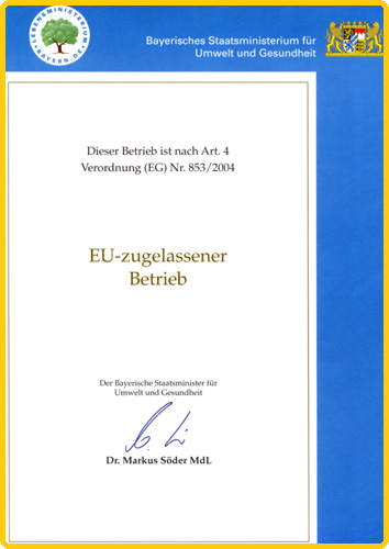 Zertifikat EU zugelassener Betrieb.